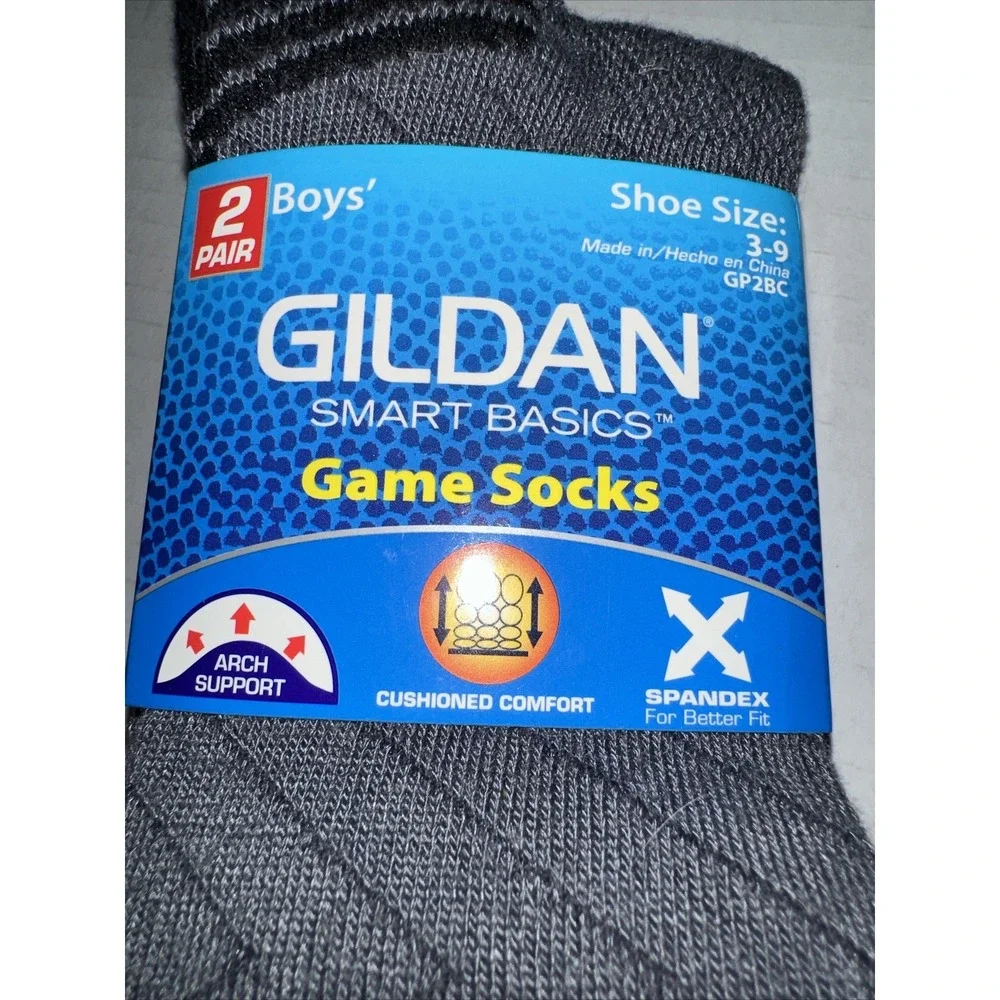 Gildan Smart Basics Boys Game Socks 2 Pair Pack Grey Black Shoe Size 3-9 GP2BC